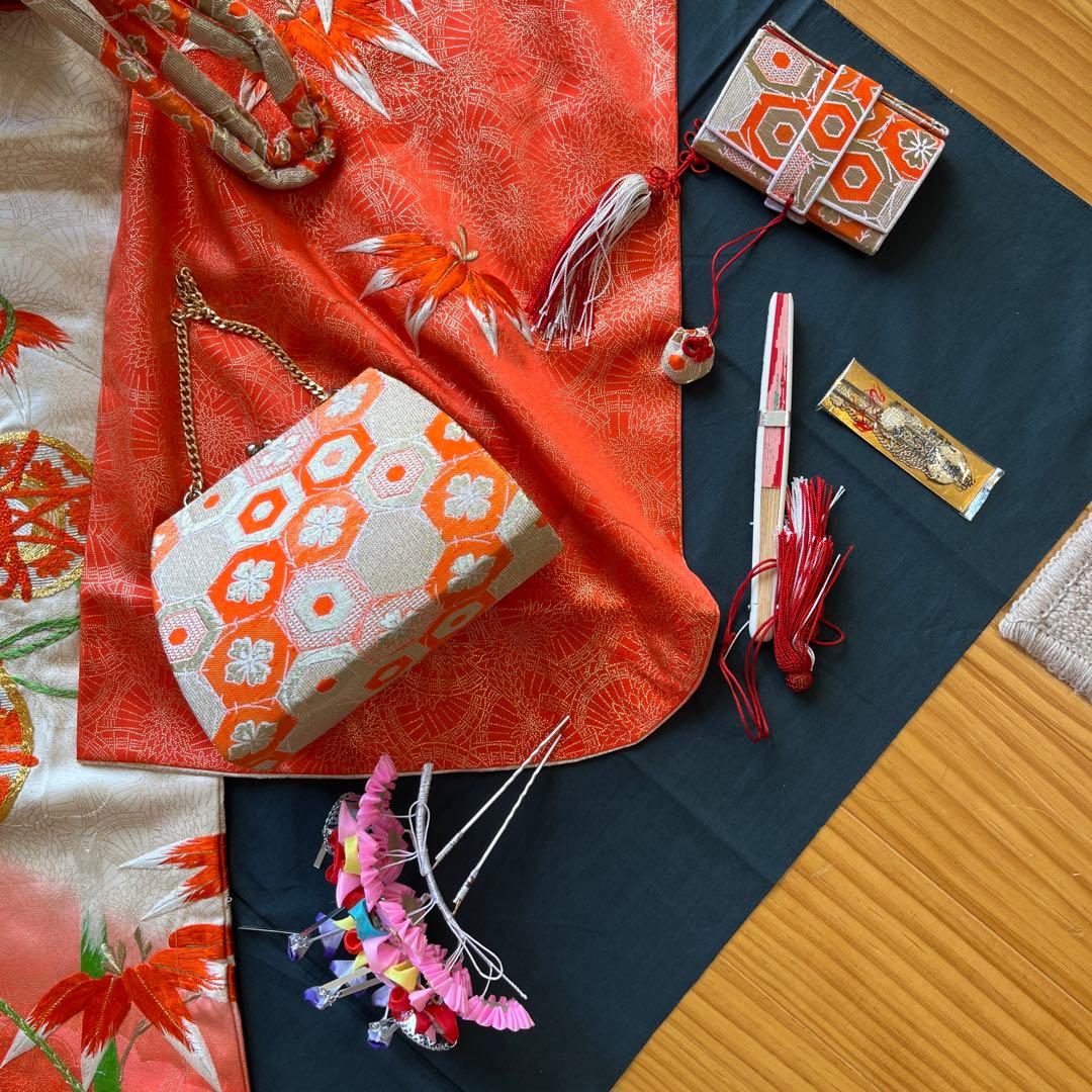 七五三 七歳着物　アンティーク　刺繍艶やか10点セット　オレンジ