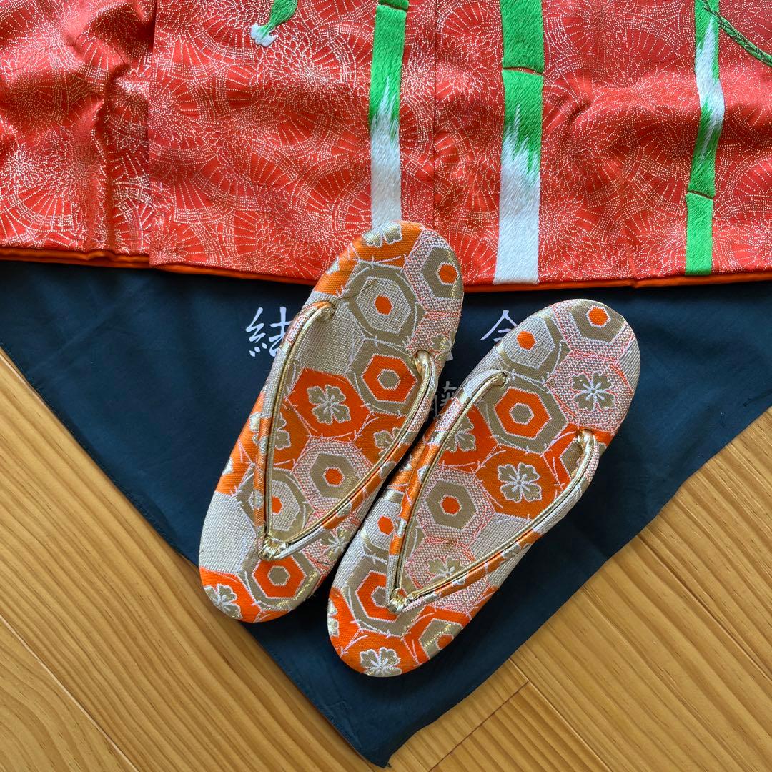 七五三 七歳着物　アンティーク　刺繍艶やか10点セット　オレンジ