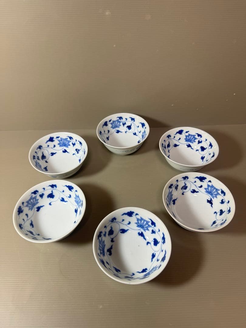 2891 深川製磁　染付唐草蓮花紋　小鉢　6客　時代物