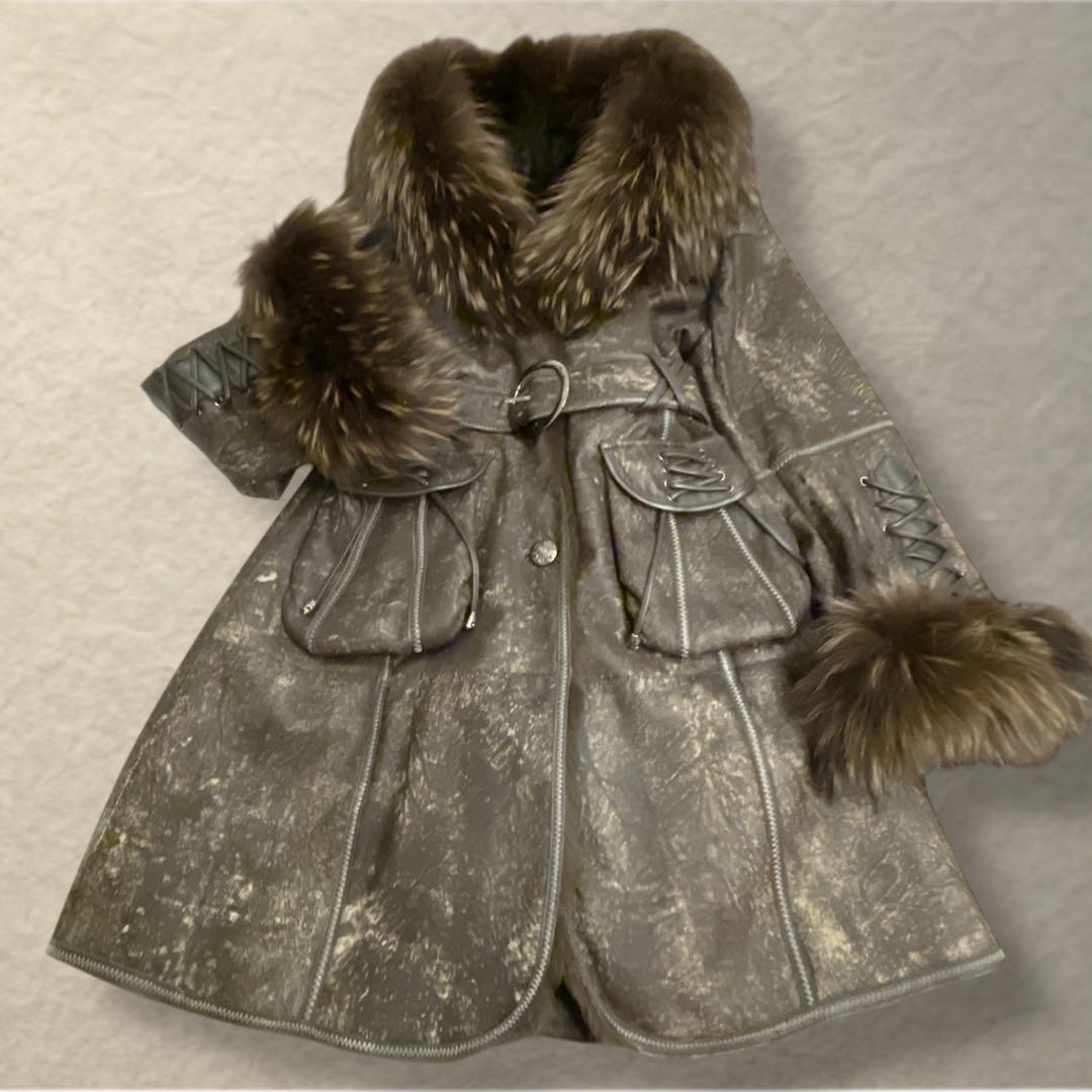 ラムレザー ロングコート ラクーンファー　裏ファー　ベルト メタルボタン　M〜L