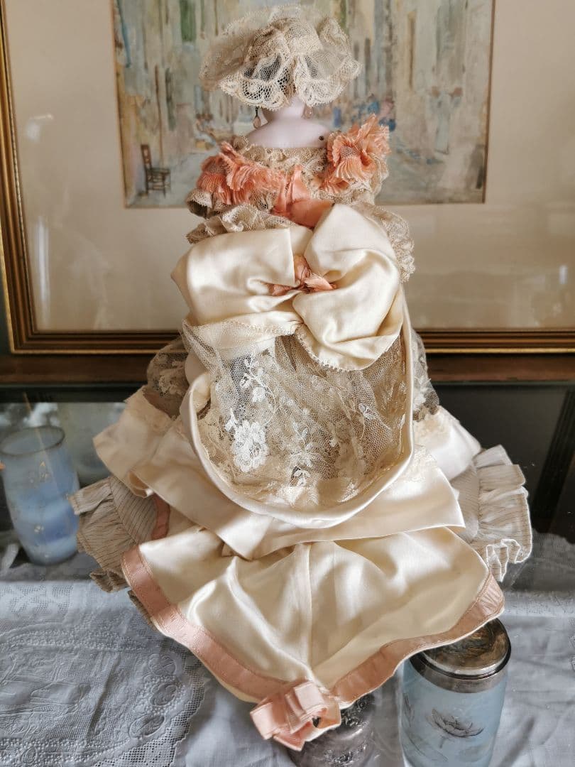 アンティークフランス ゴーチェビスクドール シルクタフタ＆レース４層ドレス19c