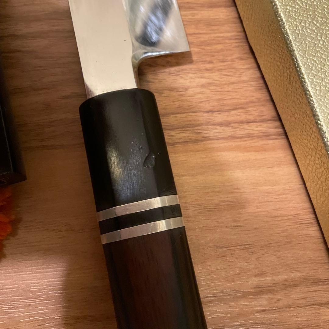 勘所本焼柳包丁　黒檀鞘外箱付き　尺一　330 m m