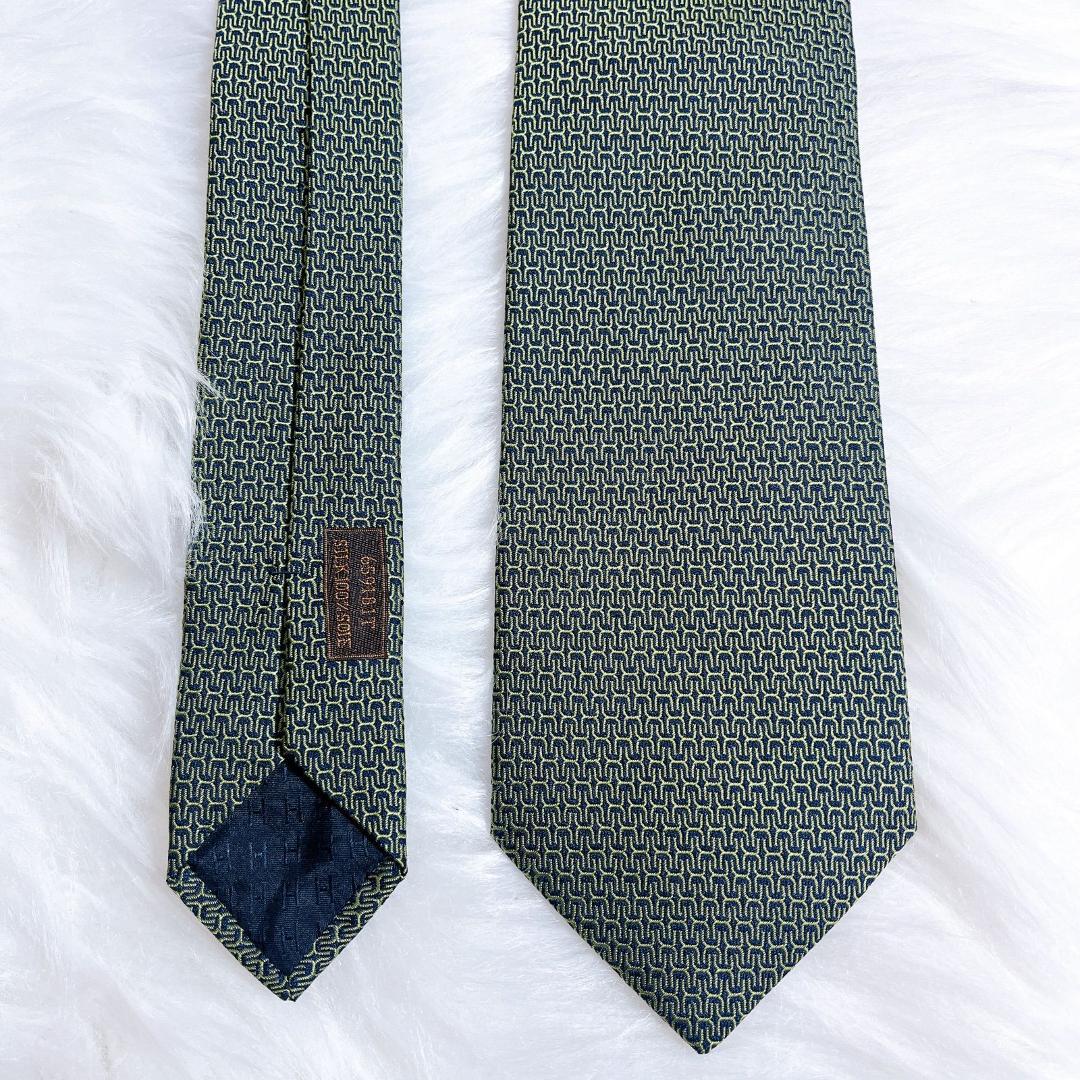 エルメス　HERMES ネクタイ シルク100% フランス製 グリーン H柄