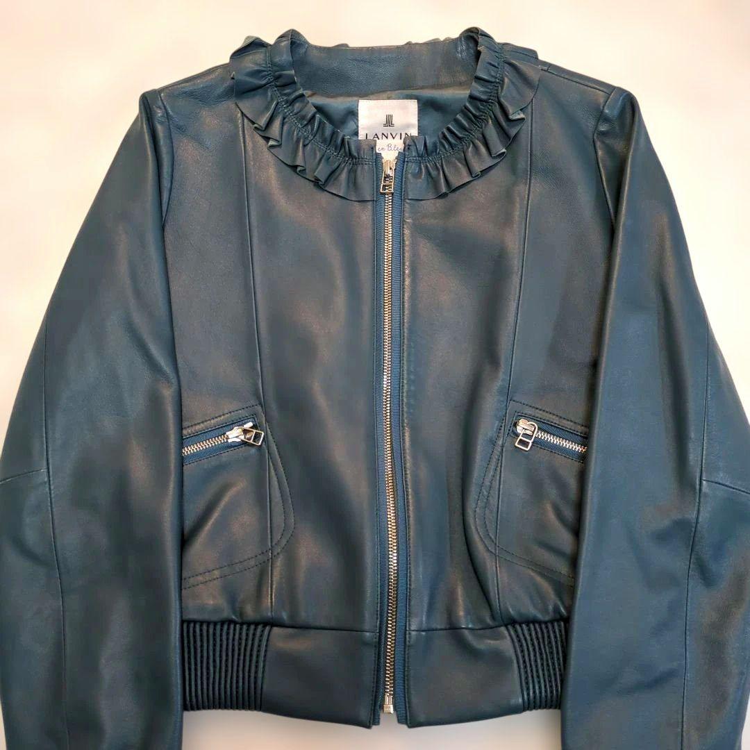 【美品】 LANVIN en Bleu ラムレザージャケット フリル ブルー