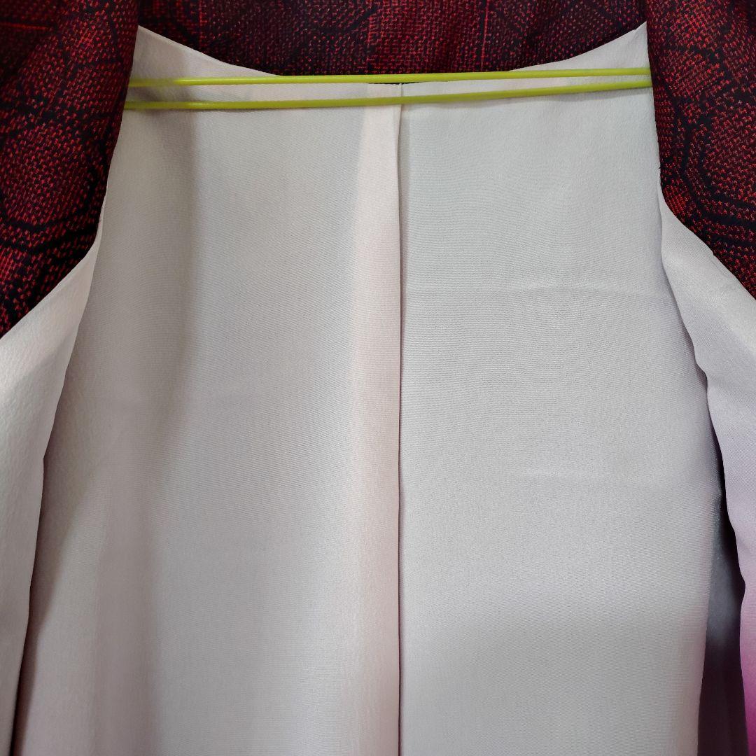 専用出品大島紬エンジ黒系幾何学模様大きな襟総裏地付きロングコート