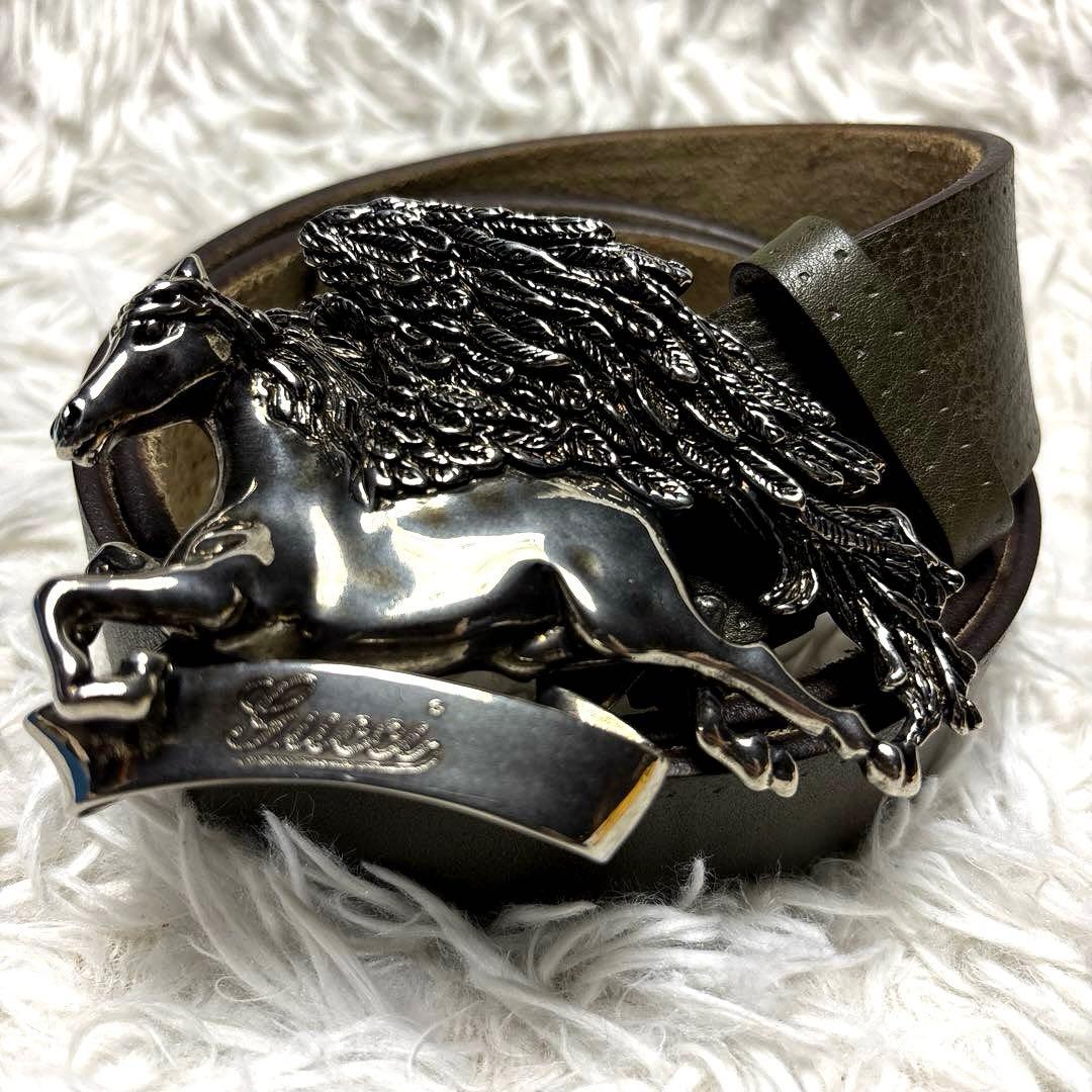 GUCCI グッチ ペガサス ベルト シルバーバックル 本革レザー カーキ 希少