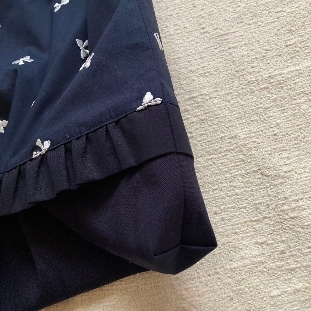 Py！リボン刺繍無地両面フリルレッスンバッグ+体操服袋+巾着袋セット　紺