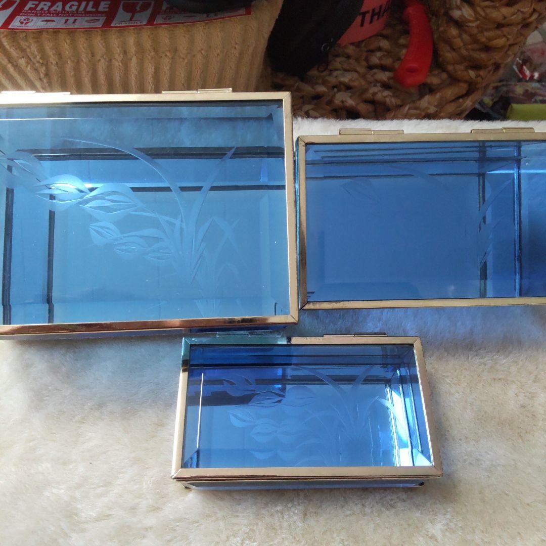 最終値下げ　昭和　レトロガラス小物入れ　ブルーガラス　ジュエリーボックス　3個組