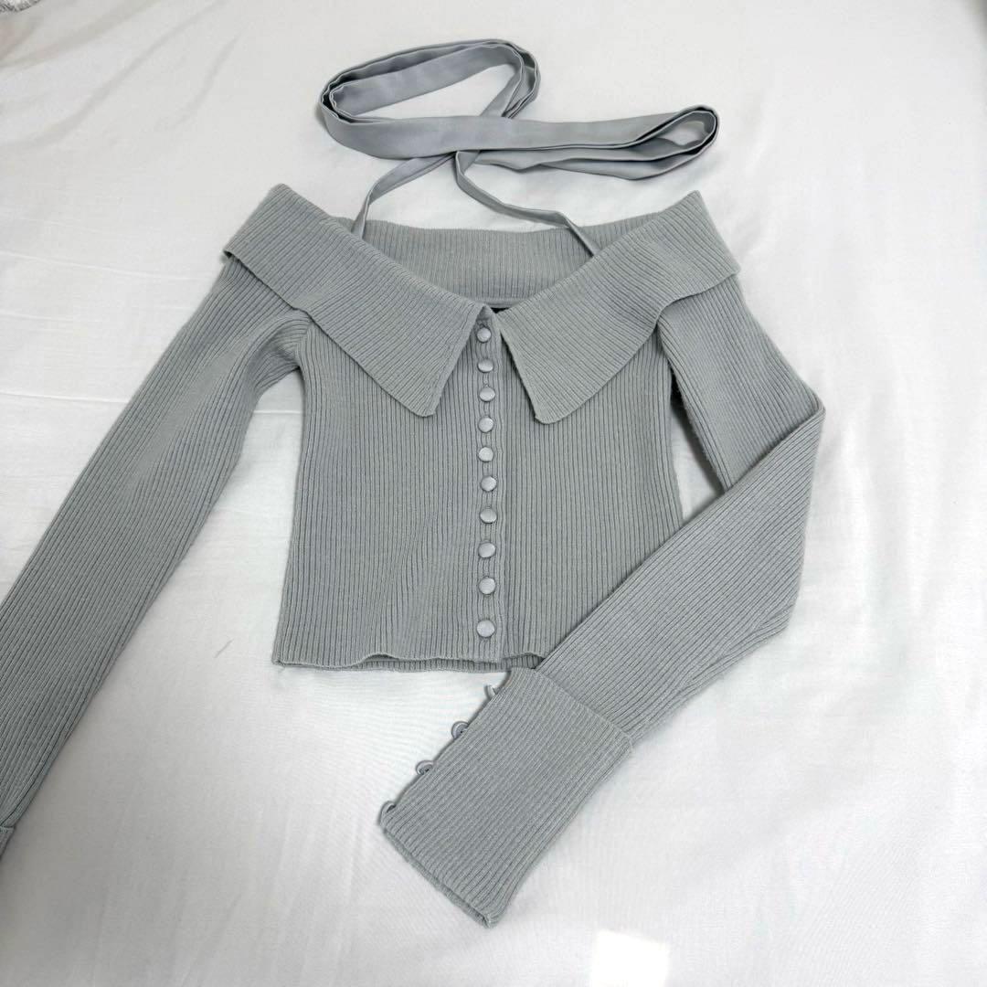 エムミーエメ デコルテ リボン オフショルダー ニット トップス ブルー