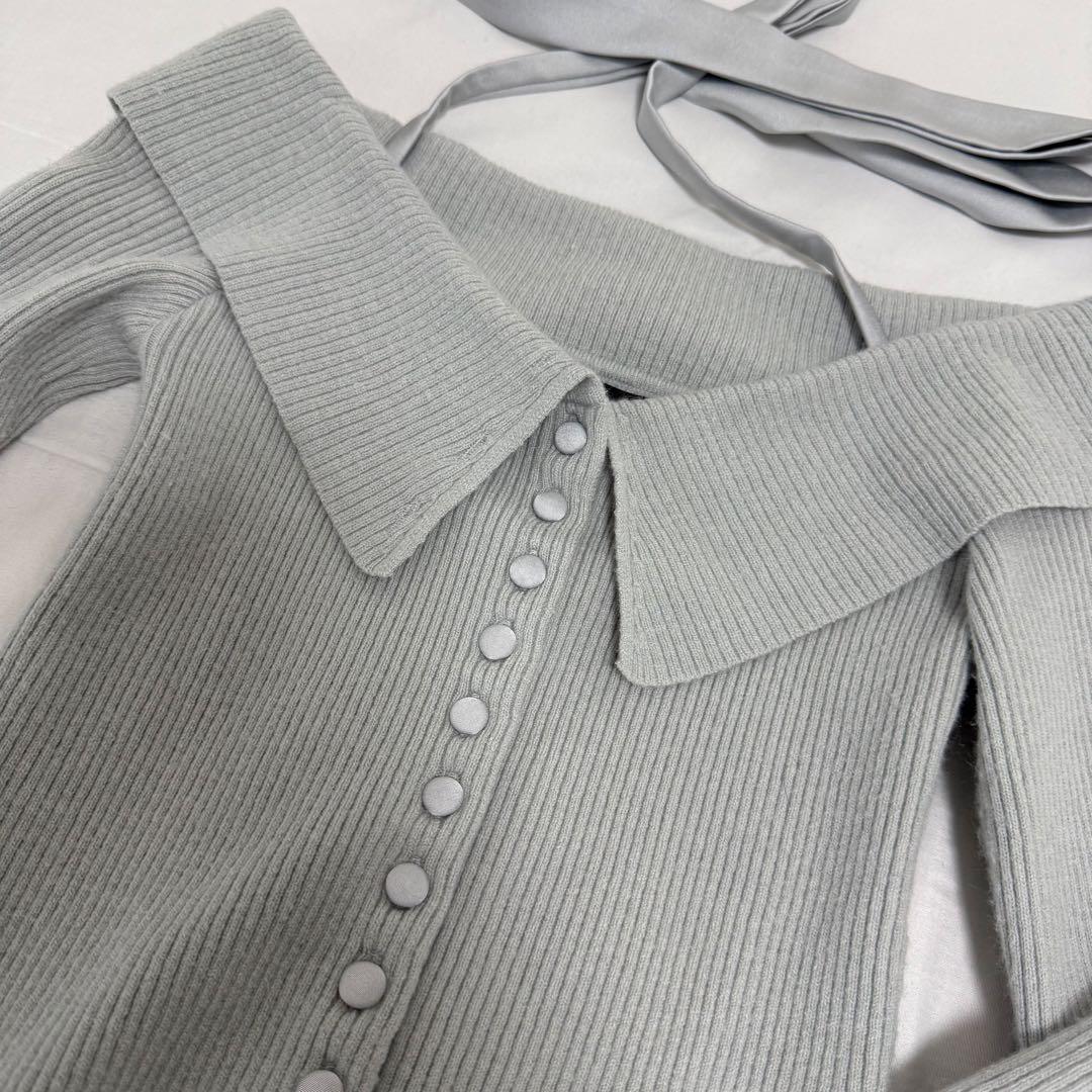 エムミーエメ デコルテ リボン オフショルダー ニット トップス ブルー