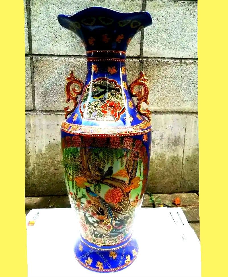 大型花瓶 中国美術 陶器 青 花器 壺 花入れ 双耳壺 飾壺 金色 中国製 高級