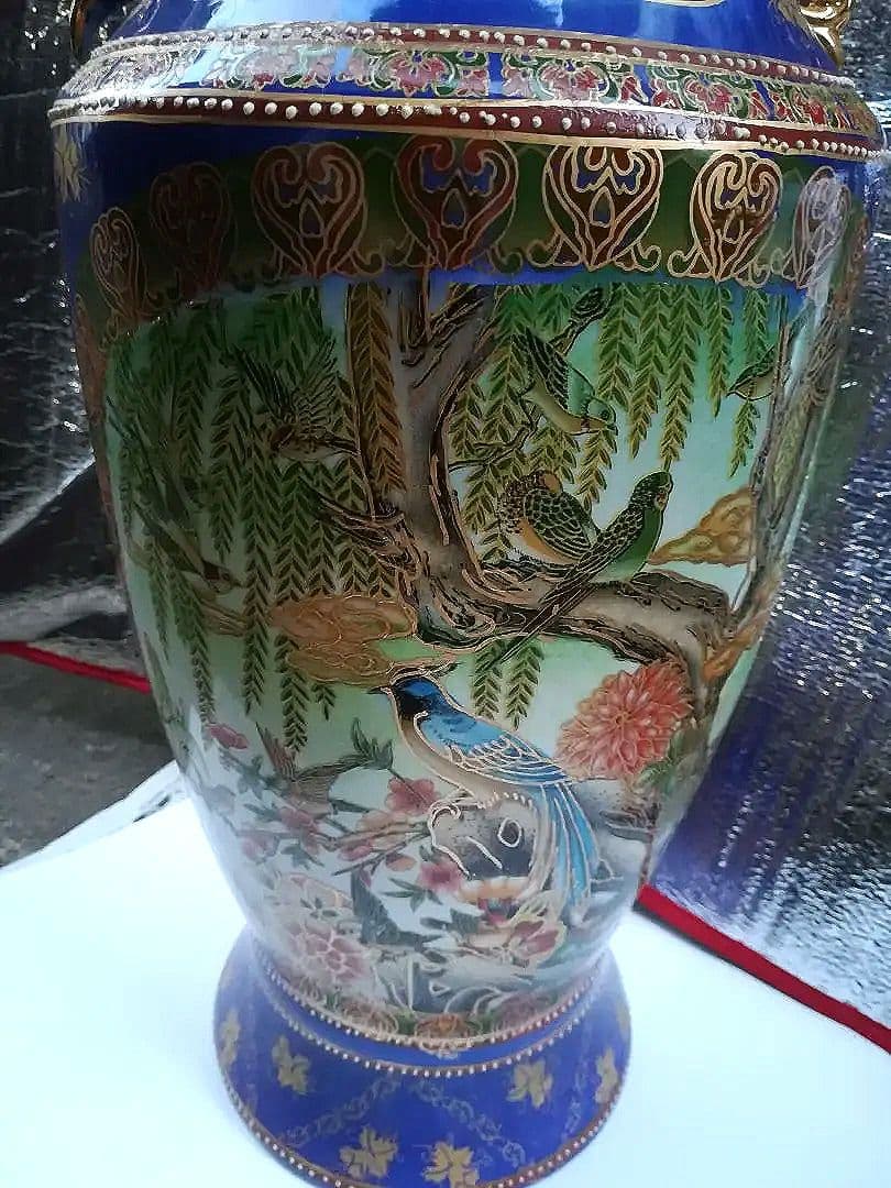 大型花瓶 中国美術 陶器 青 花器 壺 花入れ 双耳壺 飾壺 金色 中国製 高級