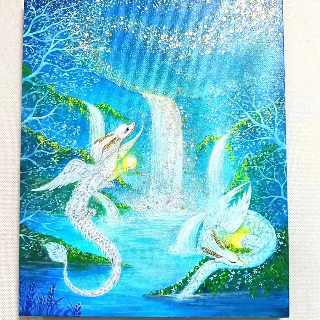 No.511 F3キャンバスアクリル画 ドラゴン　龍 開運絵画　龍の絵 星空　滝