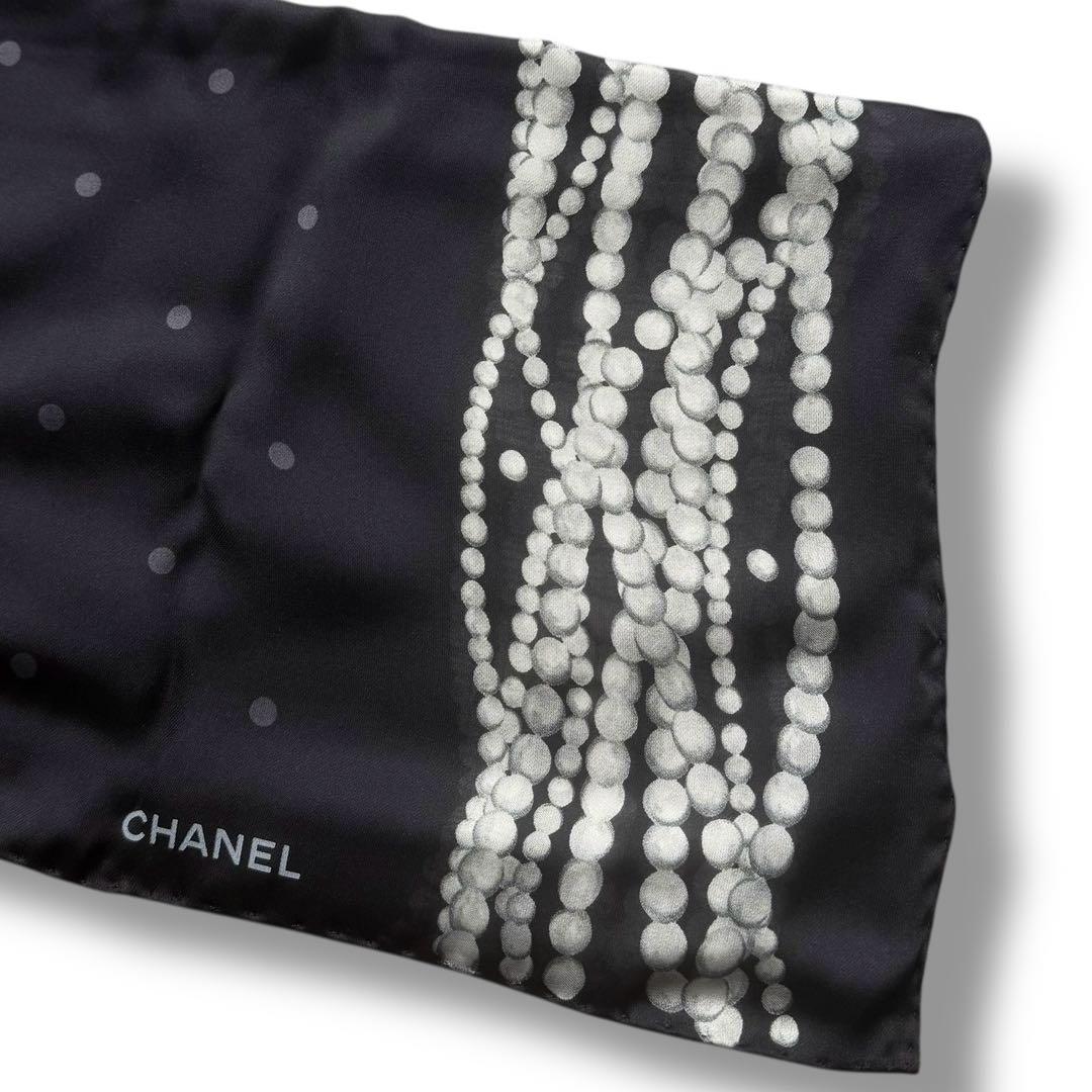 美品 CHANEL シャネル スカーフ ストール シルク 絹 パール ドット 黒