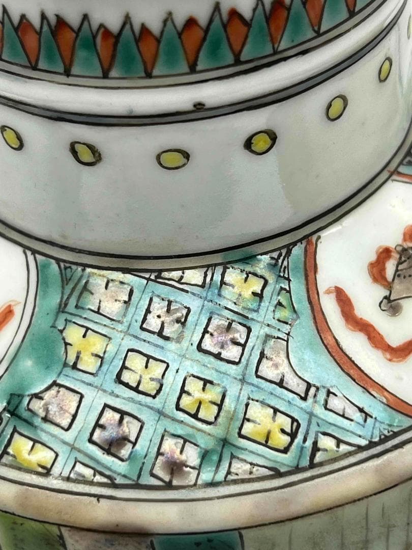 清時代 康熙五彩人物物語文瓶　西廂記棒槌瓶 花瓶(E-74)