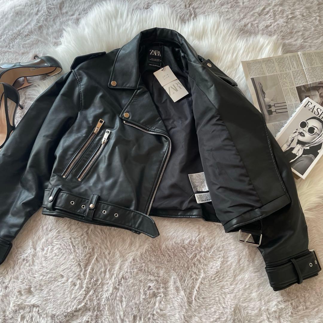 新品タグ付き ZARA 黒 ダブルライダースジャケット オーバーサイズ XL