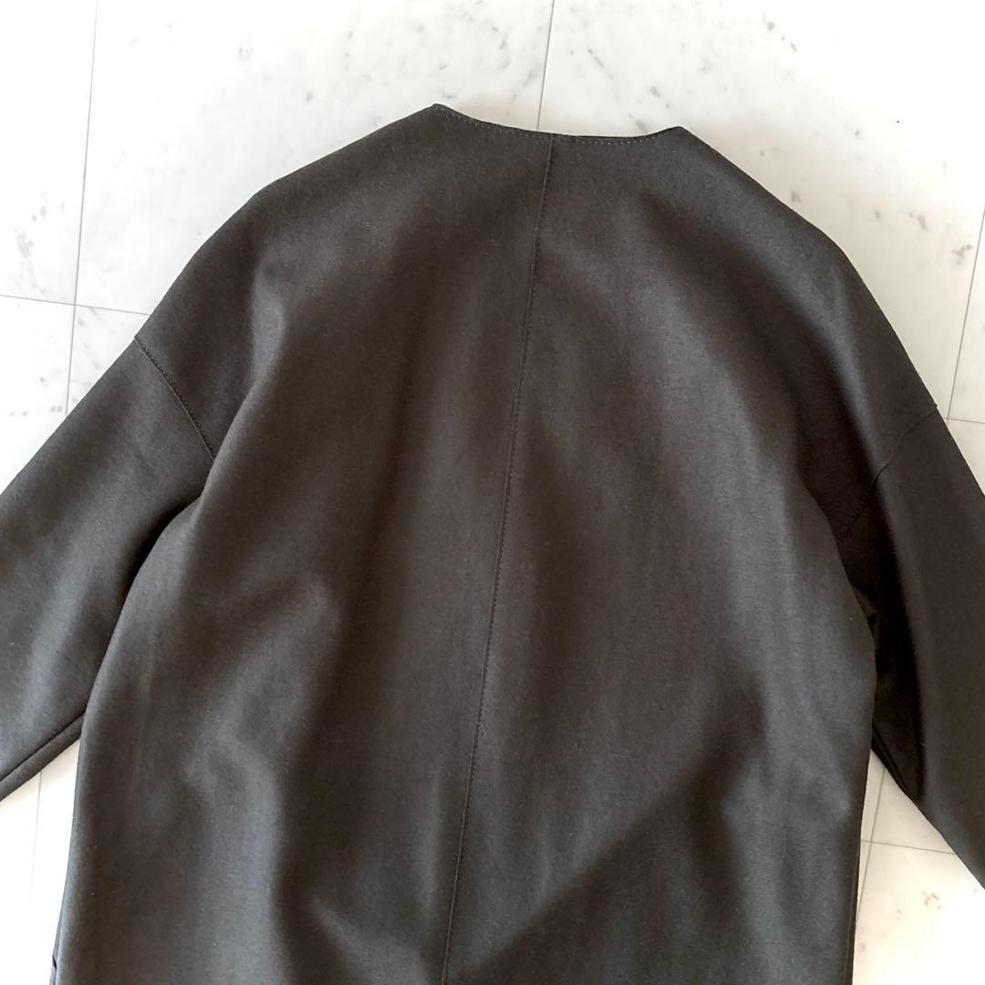 美品 23区 ダブルクロス ノーカラーコート ウール リバーコート カーキ