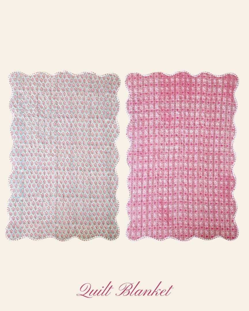 ブロックプリント　うねうねキルトブランケット　ピンク×水色　ハート