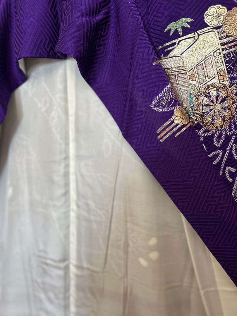 お値下げ正絹 振袖 紫 総絞り 金彩 御所車 桜 古典 トールサイズ