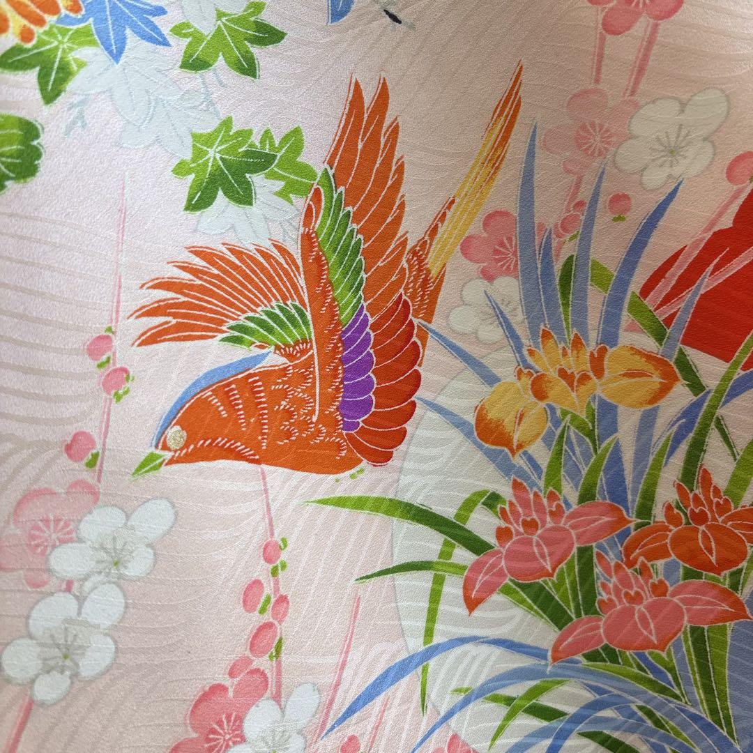 美品　お宮参り　産着　祝着　0歳　女の子　オレンジ　鳥　金糸　長襦袢なし7003