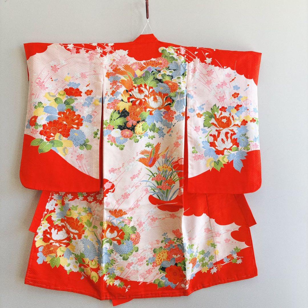 美品　お宮参り　産着　祝着　0歳　女の子　オレンジ　鳥　金糸　長襦袢なし7003