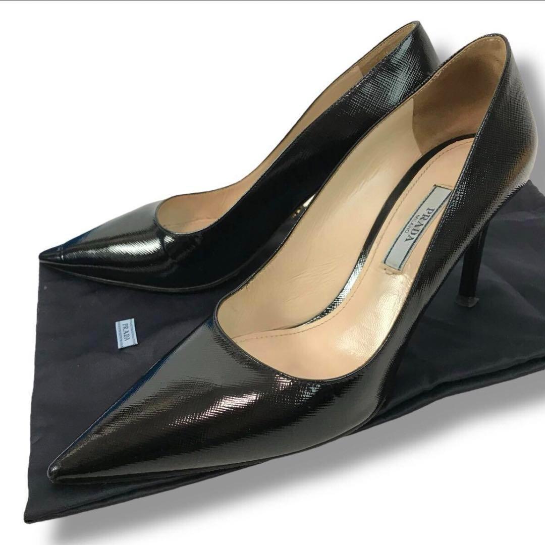 47⭐️25cm 艶やかな黒パンプス》PRADA プラダ ピンヒール ハイヒール