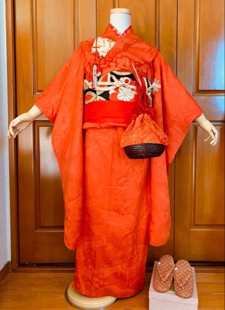 七五三　着物セット　正絹　7歳　女の子　赤　朱色　無地