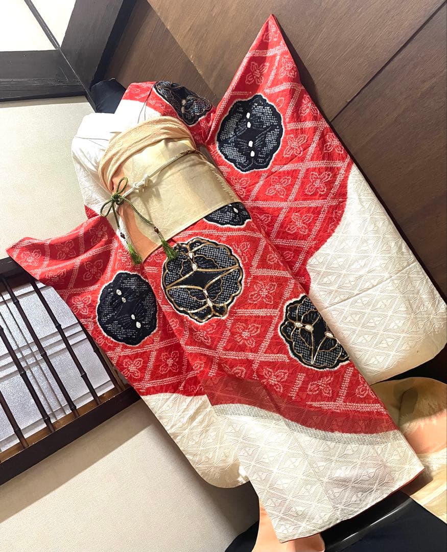 振袖フルセット6点サイズS〜M 駒刺繍　絞り　花蝶文　向かい鶴やまと誂製　正絹