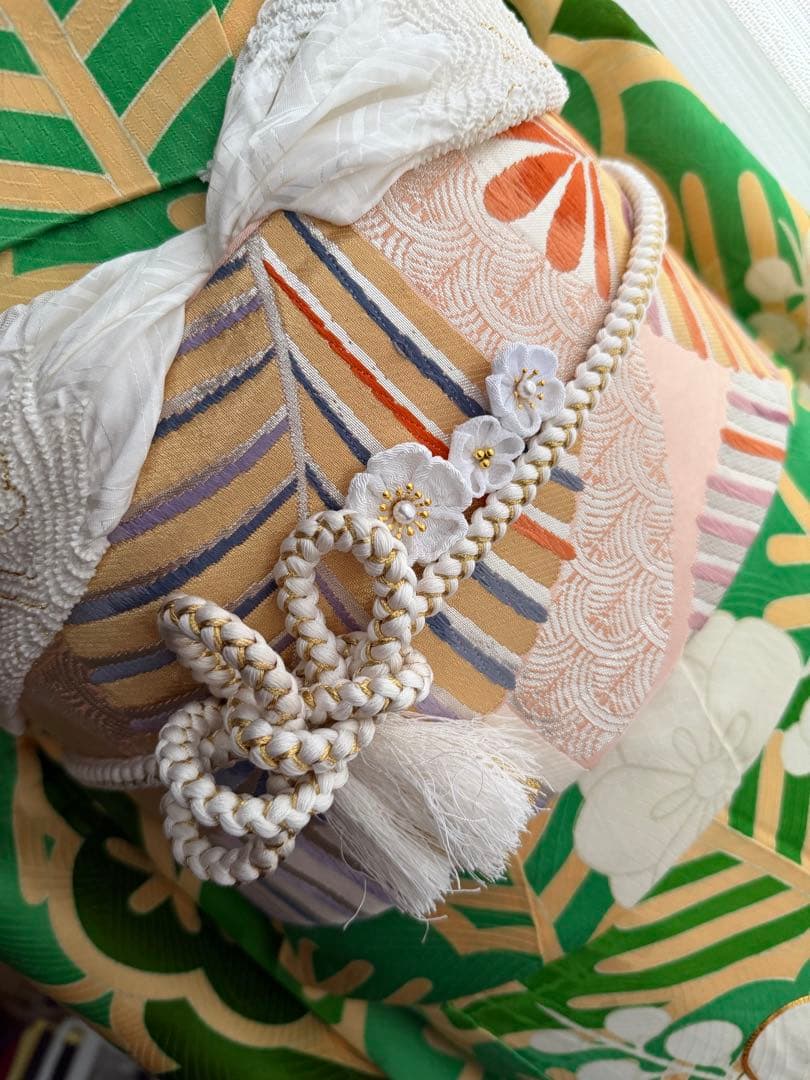 振袖フルセット グリーン×白×クリームイエロー×ゴールド 金駒刺繍