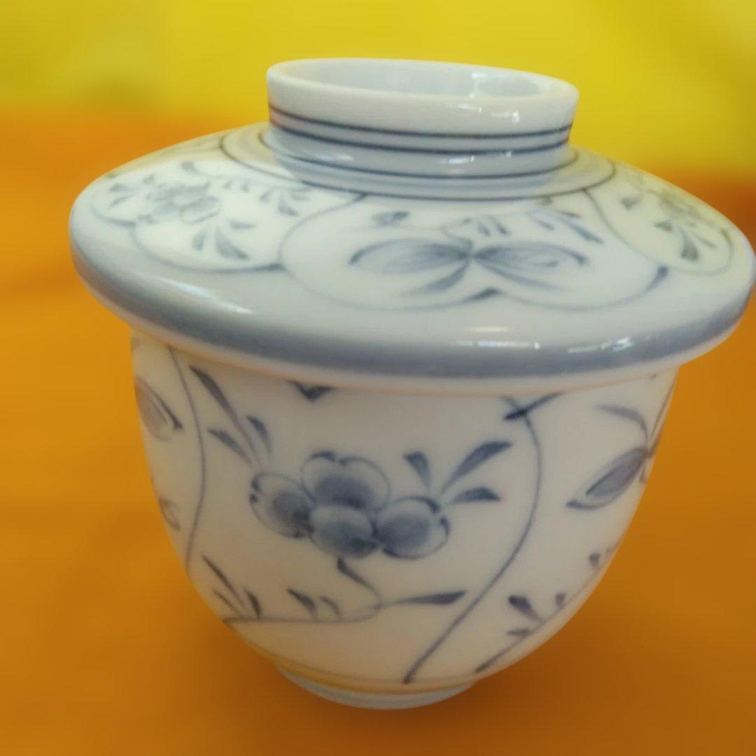 有田焼　光峰釜　白磁藍色草花手描き茶碗蒸し器　18個