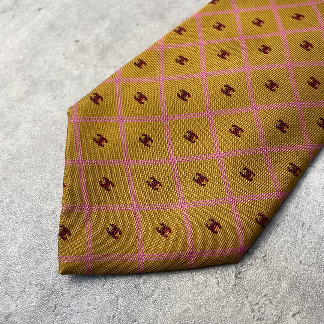 美品 CHANEL シャネル ココマーク 格子柄 ネクタイ ゴールド ブラウン