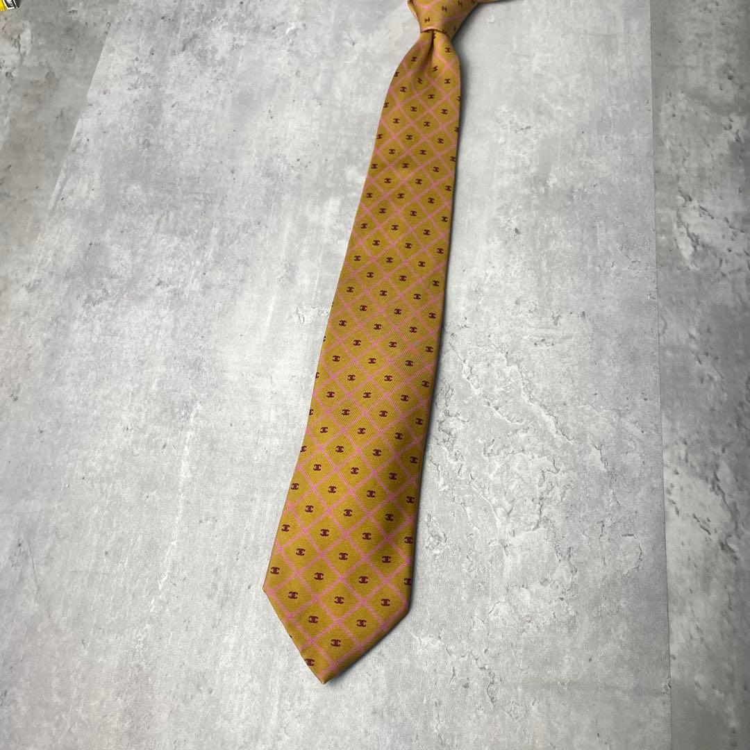 美品 CHANEL シャネル ココマーク 格子柄 ネクタイ ゴールド ブラウン