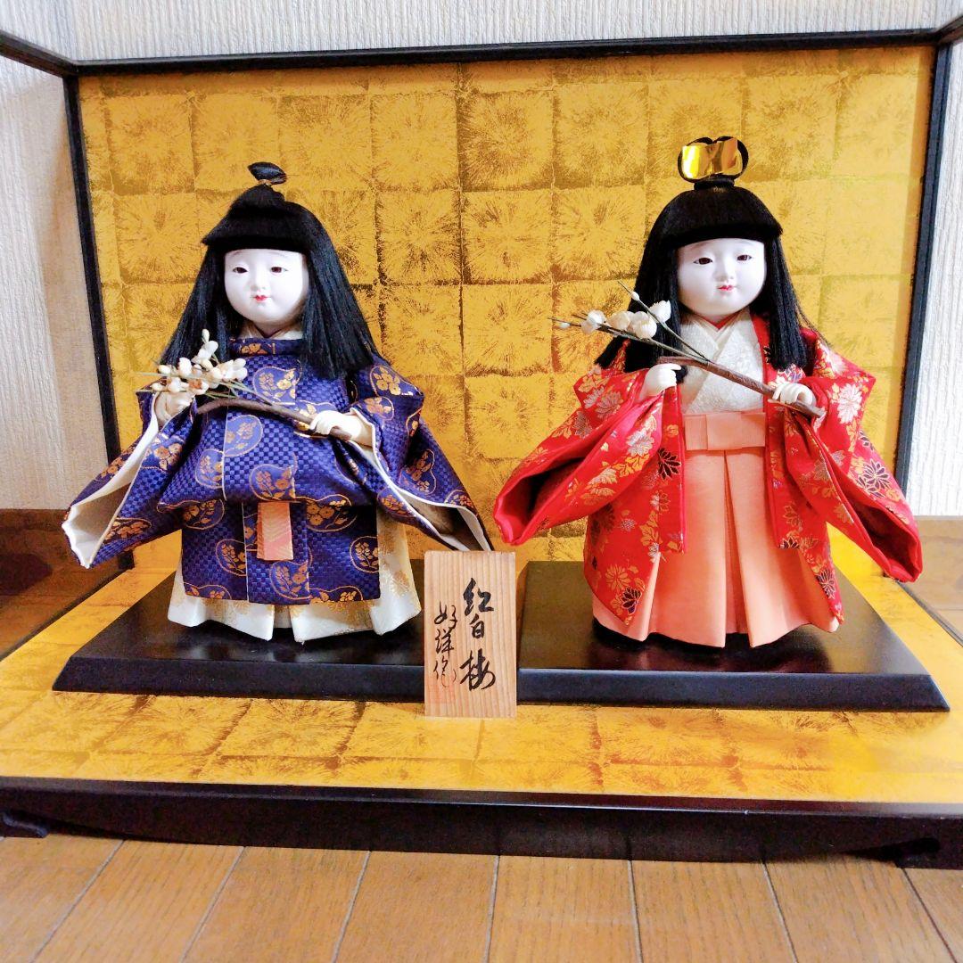 市松人形　紅白椿　好洋作　花柄和服　雛祭り　伝統工芸品　ガラスケース付