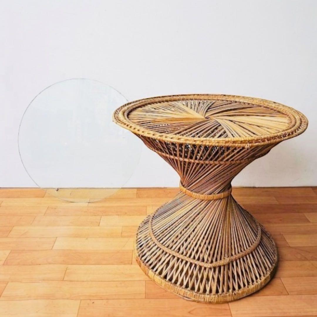 1970–80’s ヴィンテージ ラタン ラウンド サイドテーブル｜ガラス天板