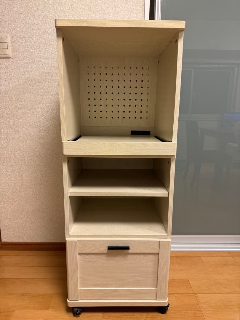 【レンジ台】ホワイト木製シェルフ 3段収納 引き出し付き