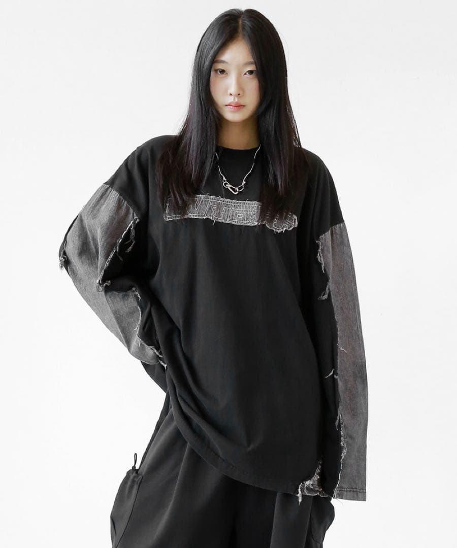 minsobi 袖切り替え ダメージデニム ロンT