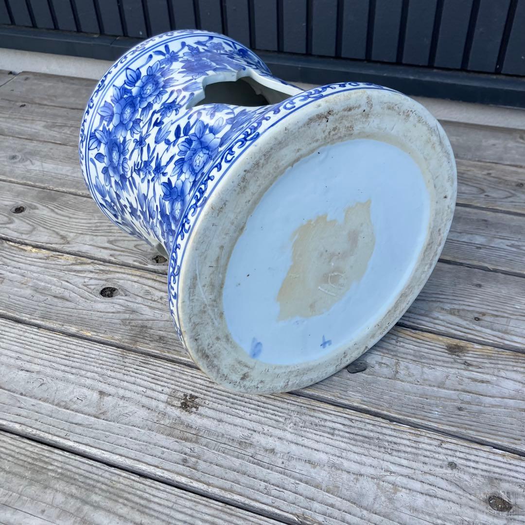 中国陶器スツール 青華唐子之図 染付 花柄 花台 ビンテージ ヴィンテージ