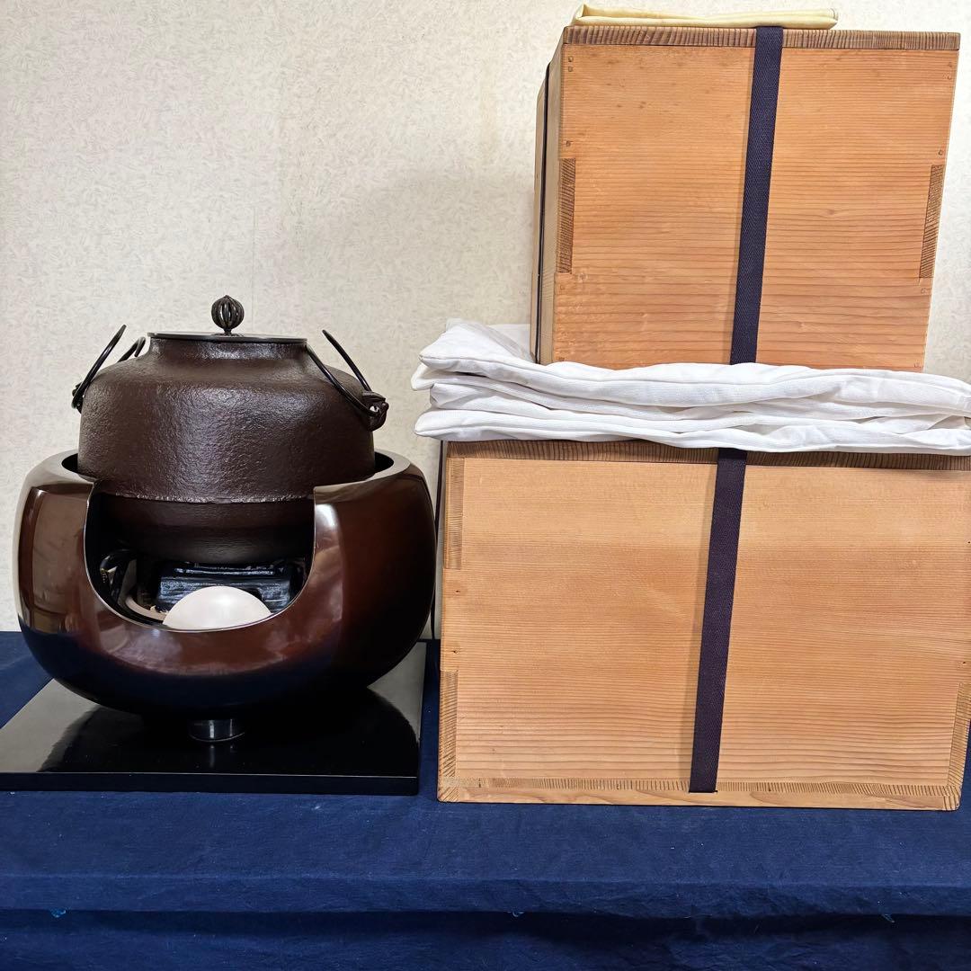 人間国宝 風炉 茶釜 電熱器 唐銅面取風炉 阿弥陀 野々田電熱器 敷板 茶道具