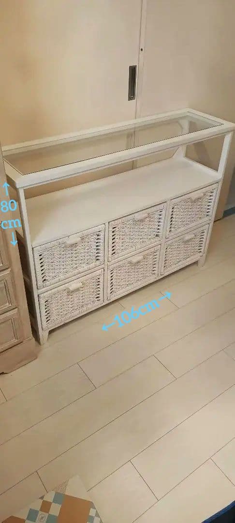 ホワイトラタン　籐　チェスト　飾り棚　天板ガラス　◆引き取り限定◆最終値下げ