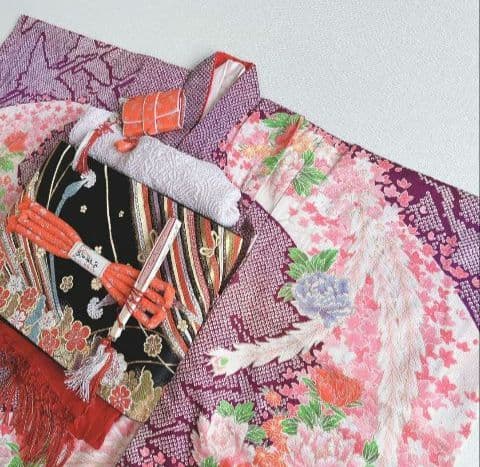 セット七五三7歳女の子長着＆袖なし長襦袢＆袋帯＆草履＆バッグ＆小物紫色しぼり柄