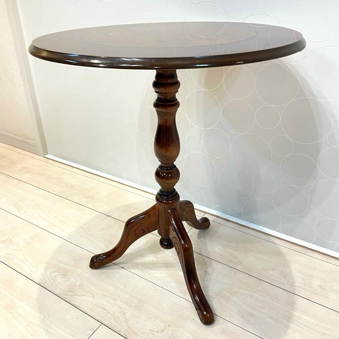 アンティーク調 木製 丸テーブル 象嵌 サイドテーブル 猫脚 北欧 クラシック