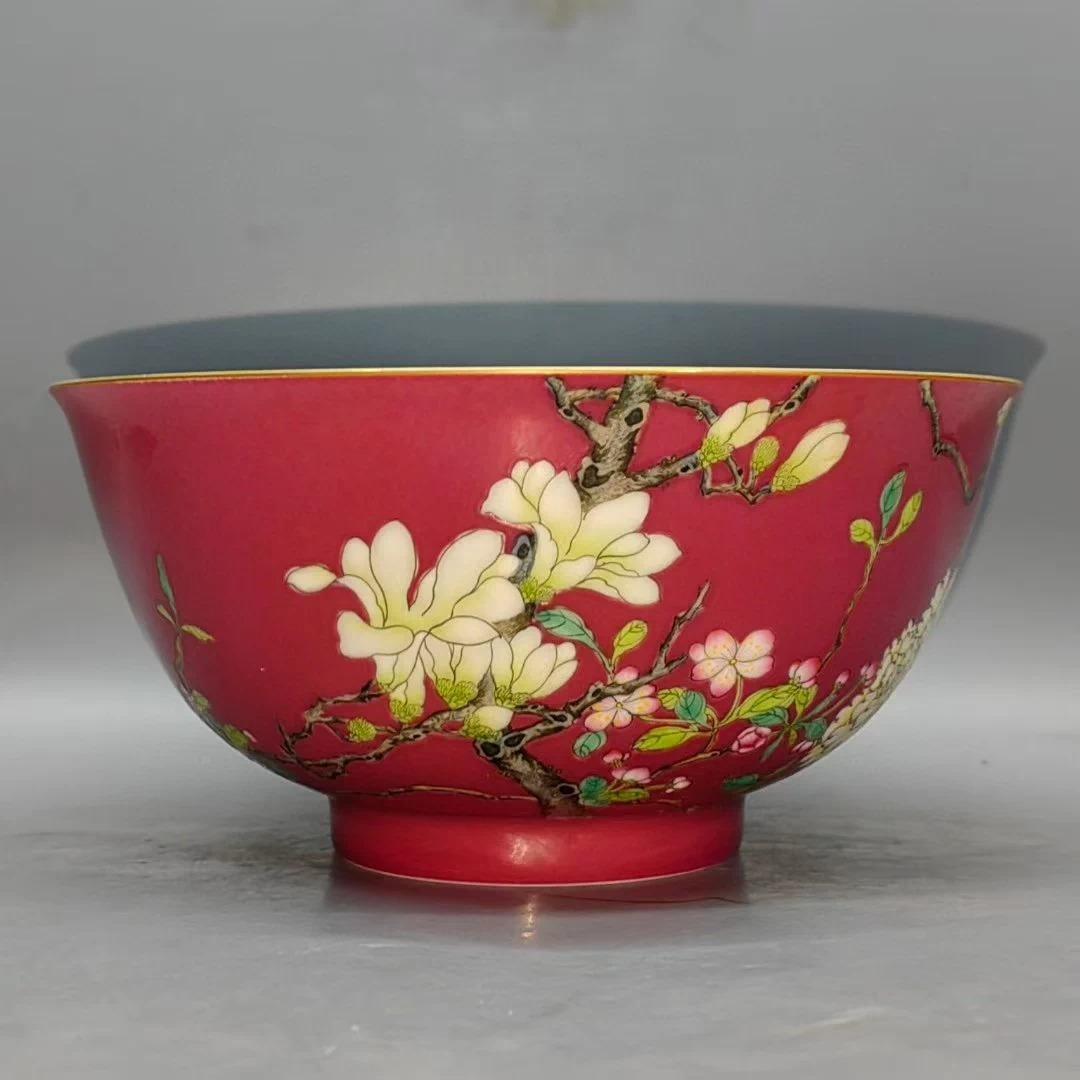 珐琅彩 胭脂紅地 花卉文 碗｜陶磁器｜精巧絵付け｜雍正年制