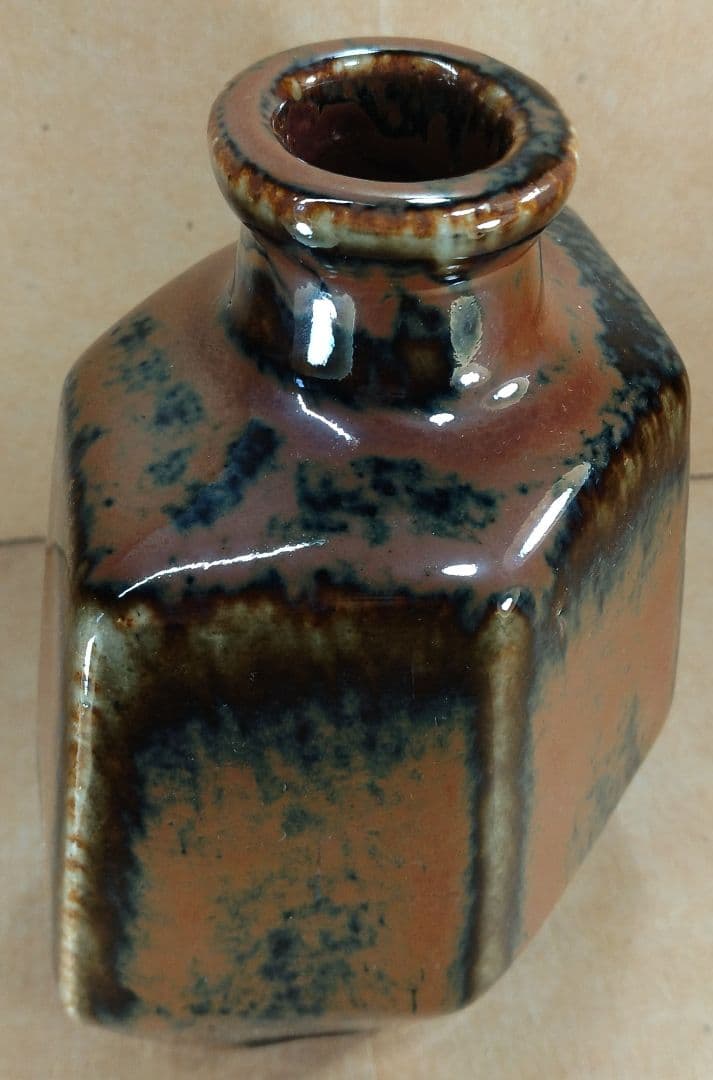 ポコ！河井寛次郎 柿釉六角扁壷 河井敏孝識箱 美品 民藝の巨匠