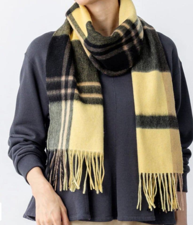 23区カシミヤ100%チェック柄マフラー イエロー2025AW