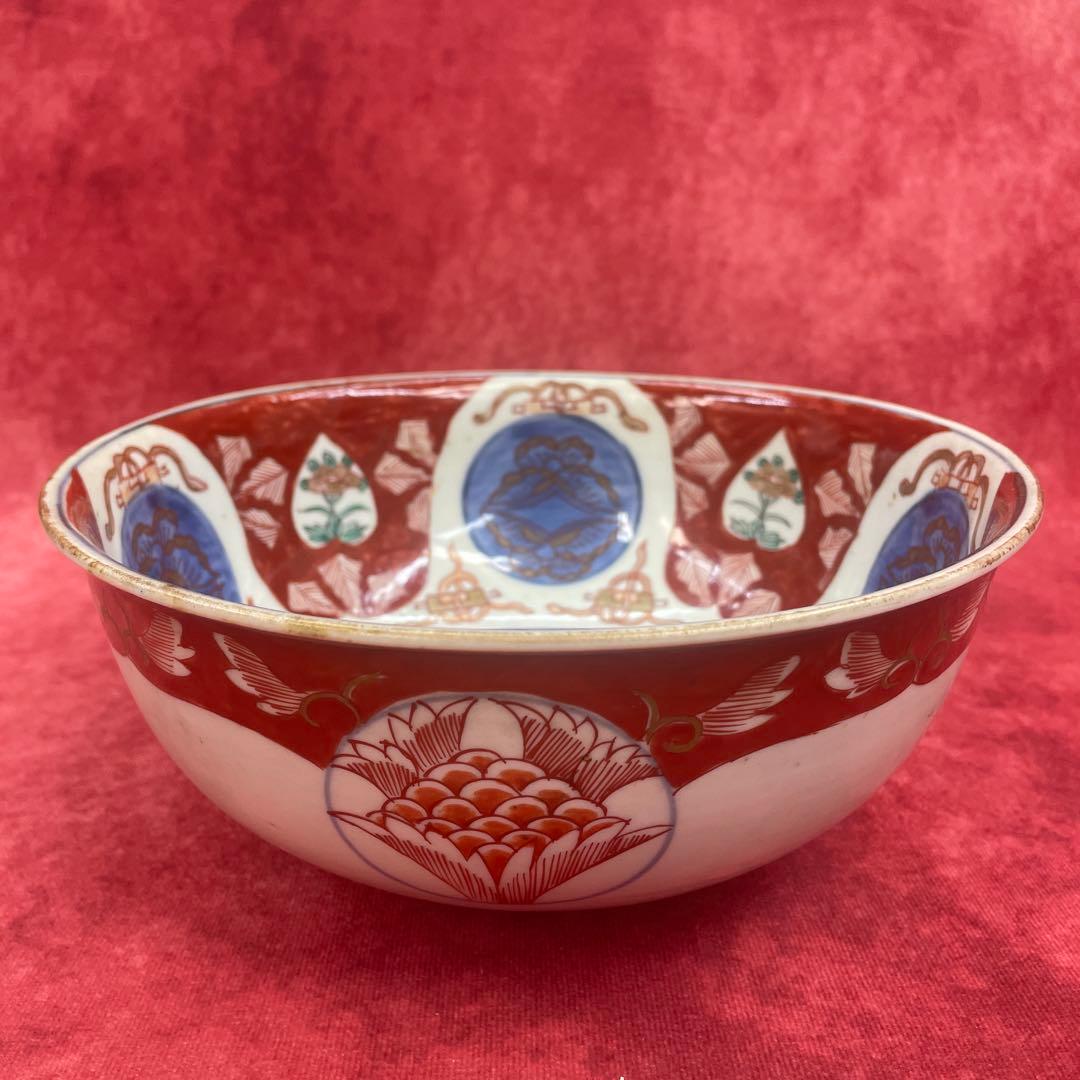 【N12】 染付 大鉢 富貴長春 古い食器 江戸〜明治 中国 鎌傷