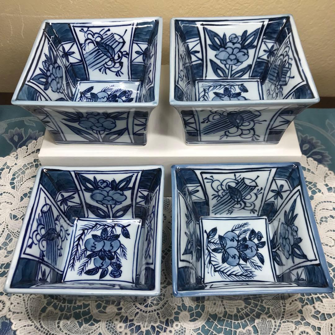 源右衛門窯　染付芙蓉手　角小鉢　4客