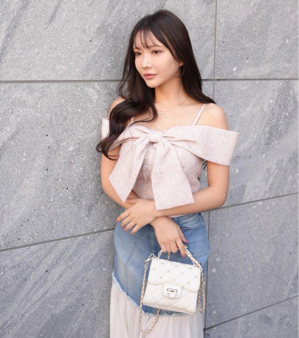 LIP SERVICE リップサービスツイードリボンオフショルトップス ピンク