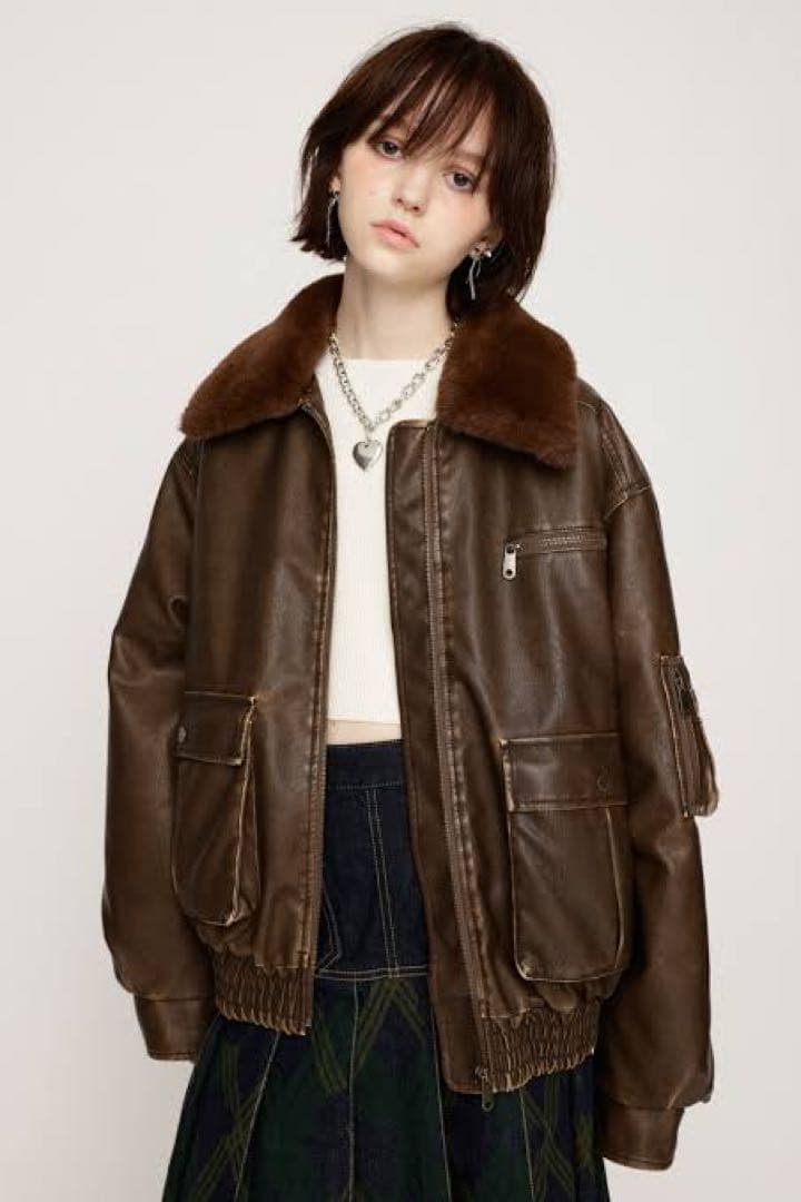 SLYヴィンテージ フェイクレザー ショート ブルゾン　ブラウン