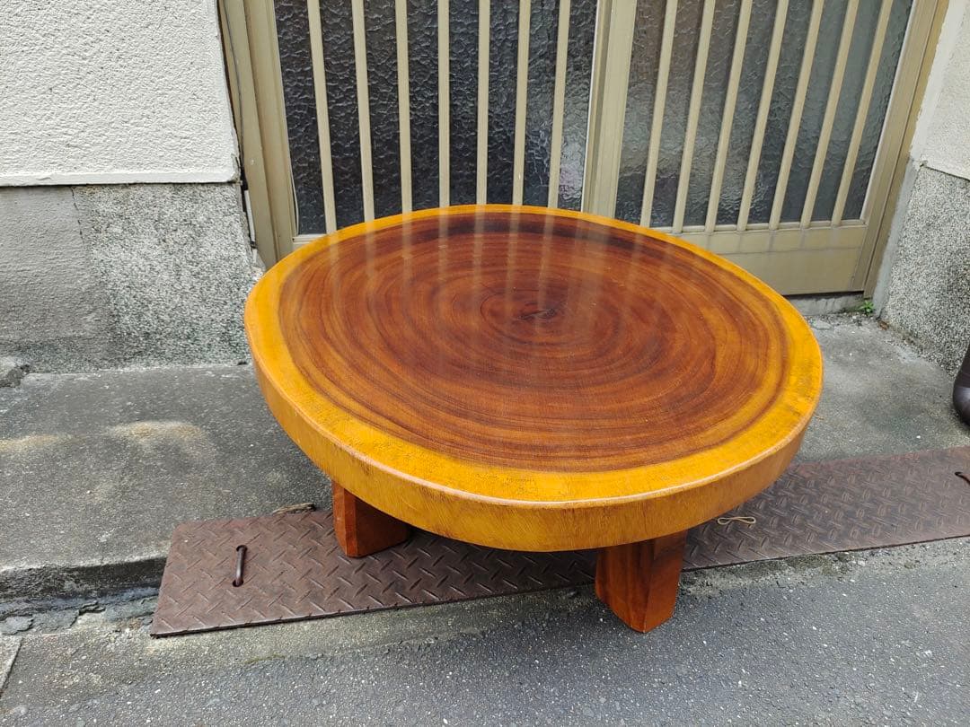無垢材の自然形状座卓　花台　盆栽台　一枚板　輪切り　脚付き　時代テーブル　日本製