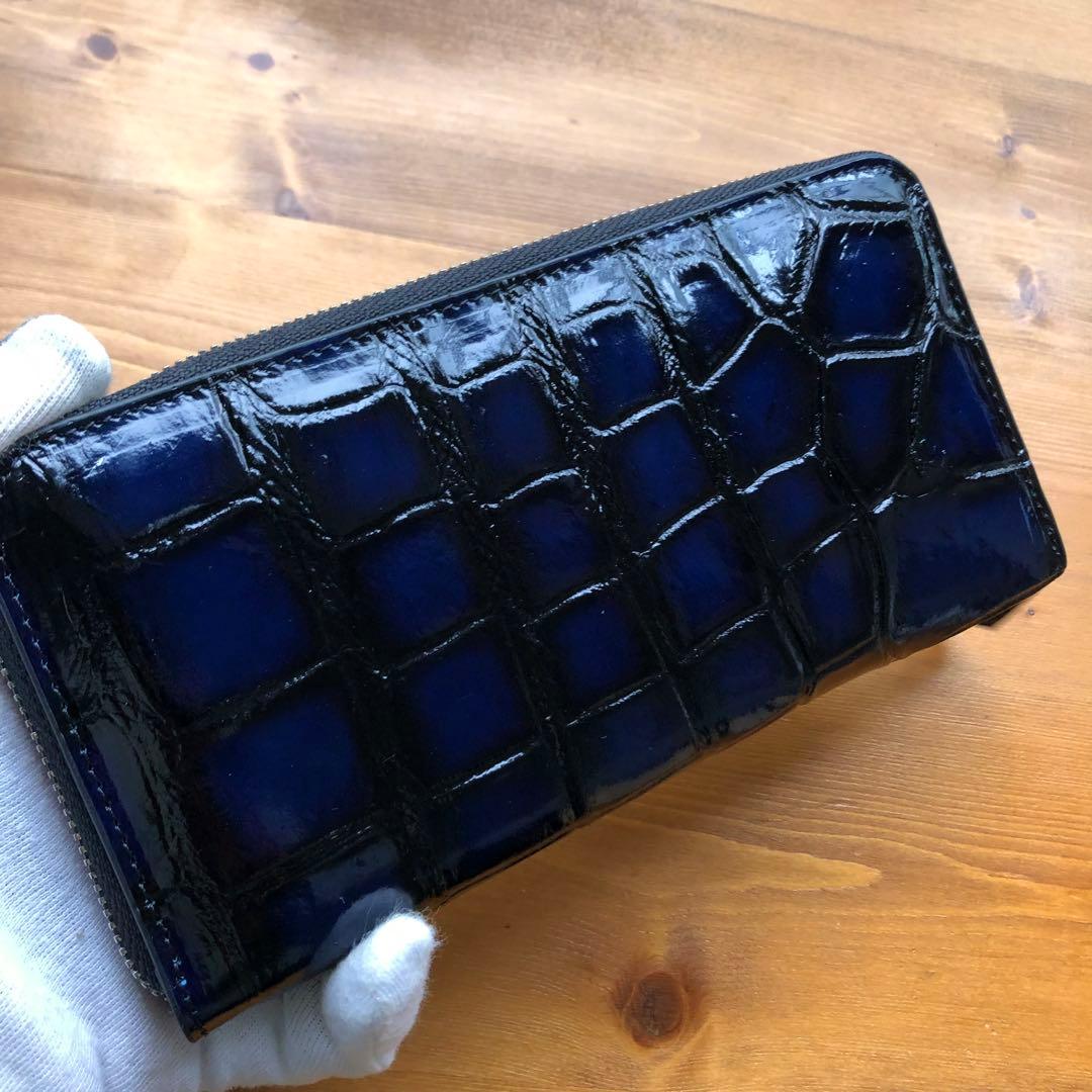 ア*オ様 本物　クロコダイル　シャムワニ　 長財布 ワニ革 一枚革　青ブルー